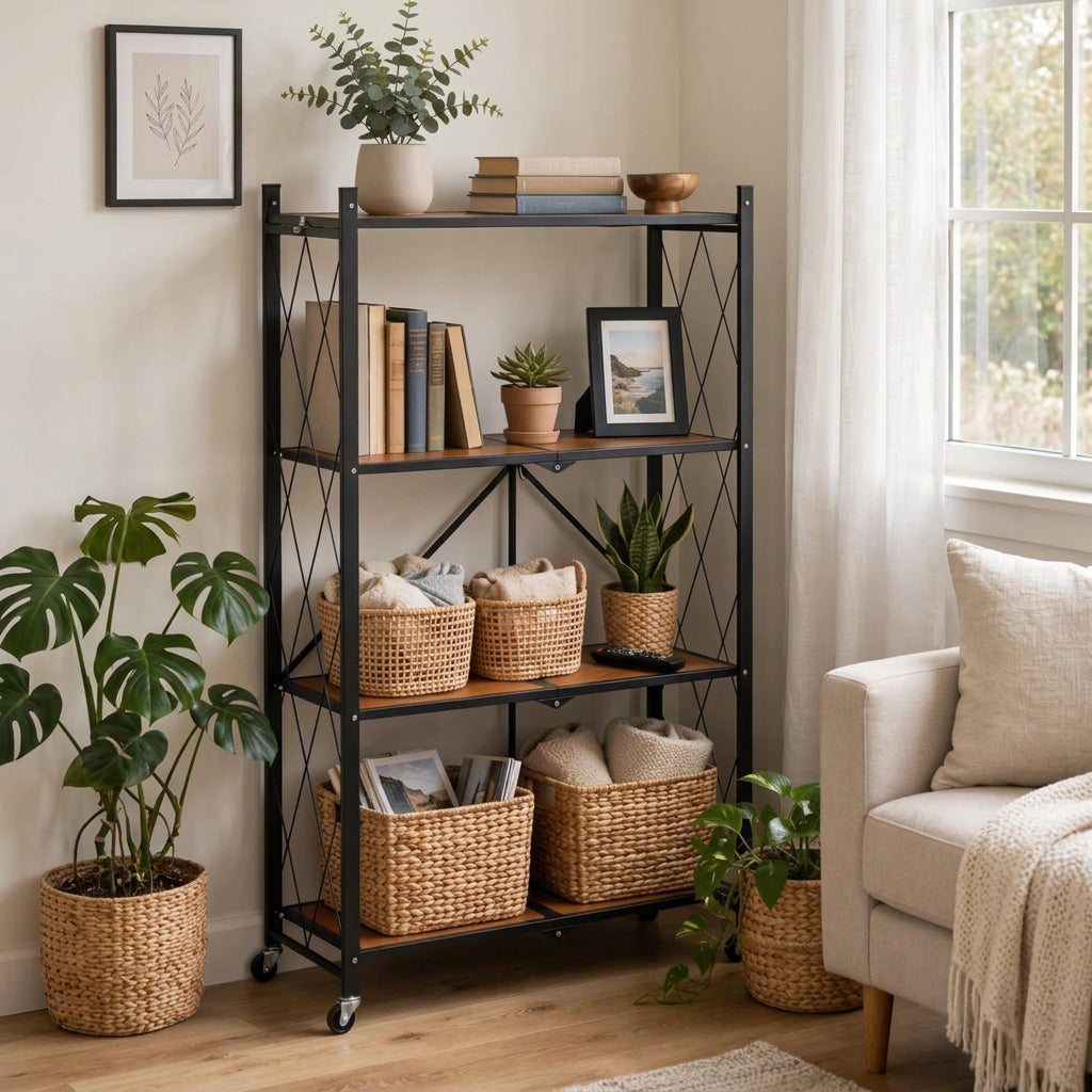 4-Tier Foldable Storage Rack with Wheels 126cm