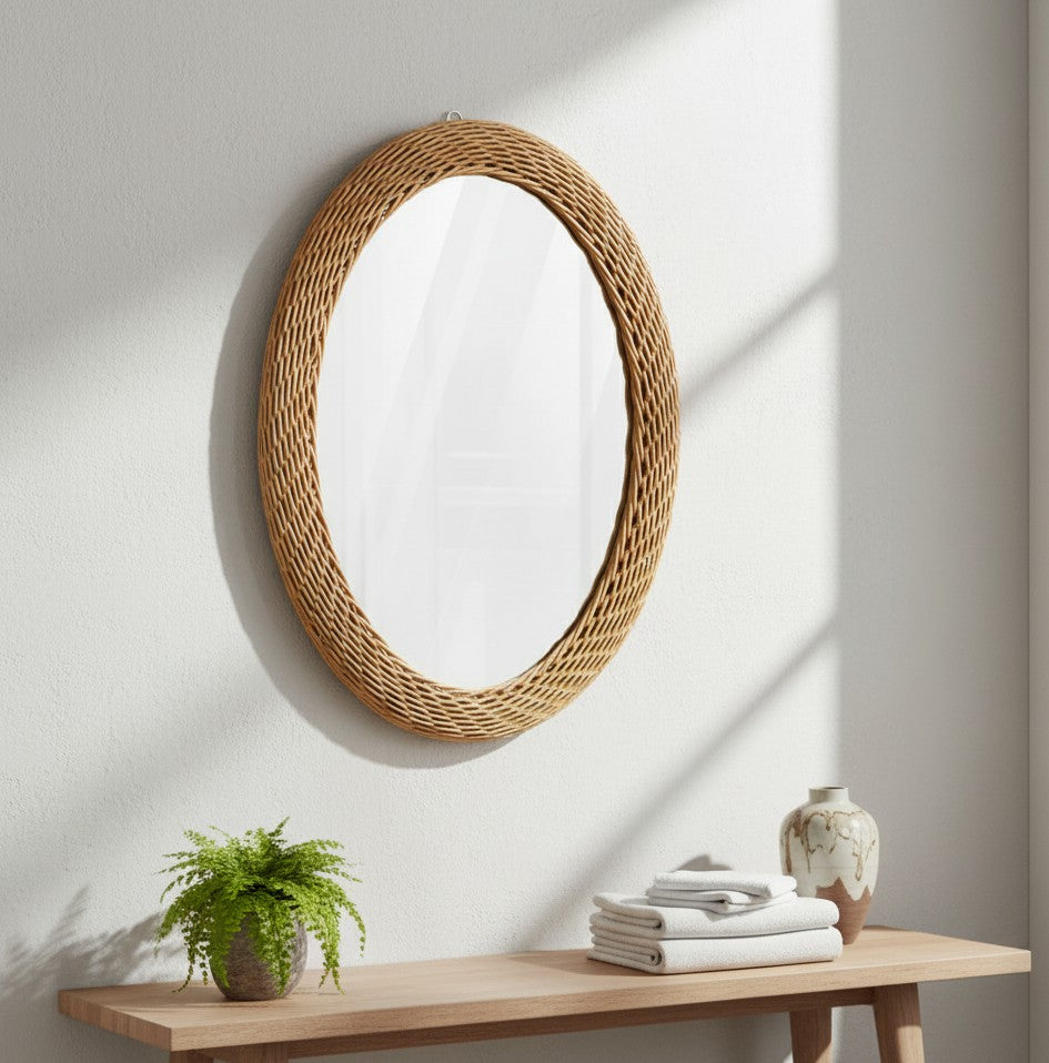 Modern oval rattan bamboo decorative wall mirror measuring 60cm by 50cm