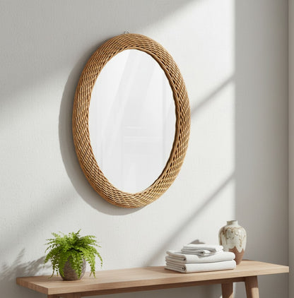 Modern oval rattan bamboo decorative wall mirror measuring 60cm by 50cm