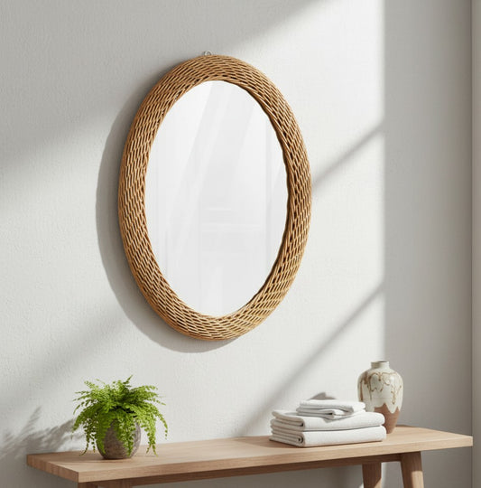 Modern oval rattan bamboo decorative wall mirror measuring 60cm by 50cm