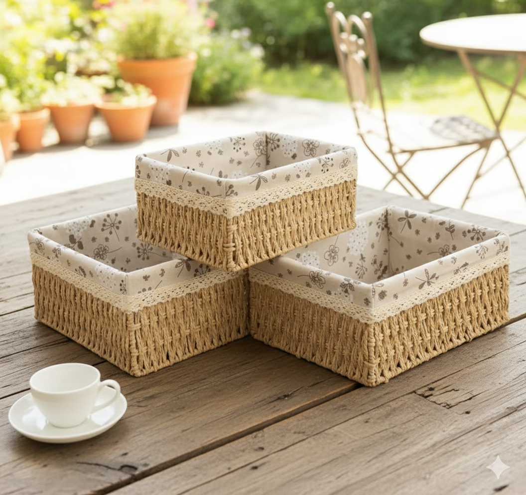 Set of three beige hand woven rattan storage baskets