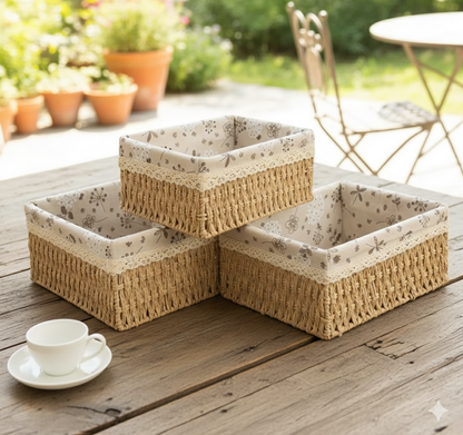 Set of three beige hand woven rattan storage baskets