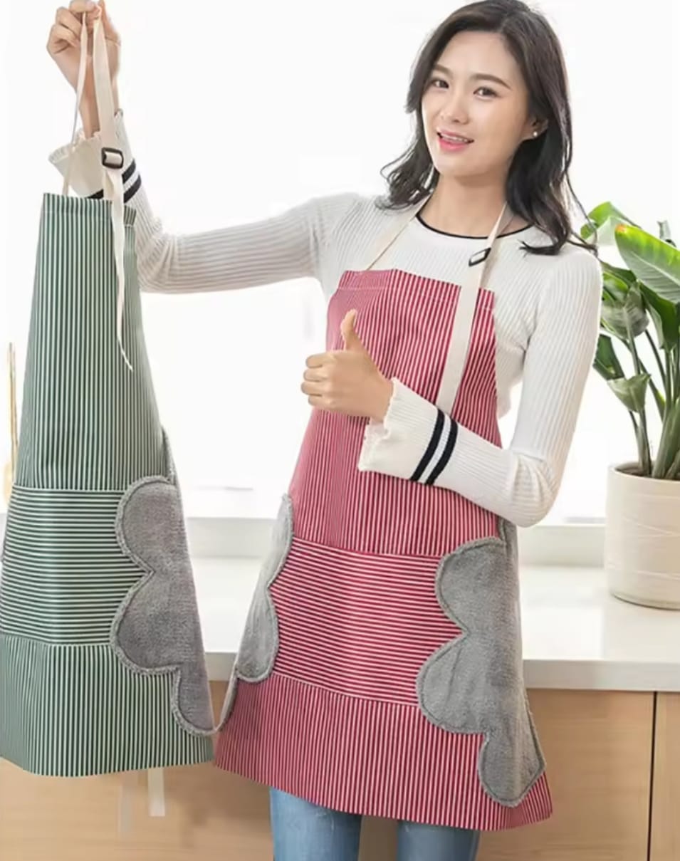 Waterproof kitchen apron with hand wipe pockets available in multiple colors.