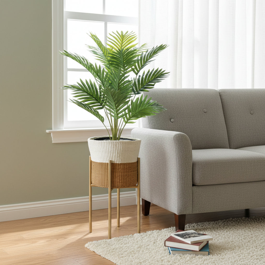 120cm artificial palm tree with woven basket, metallic stand, and pebbles for interior décor