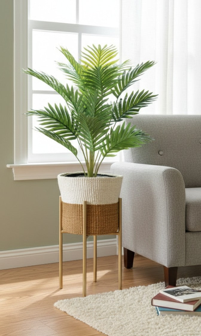 120cm artificial palm tree with woven basket, metallic stand, and pebbles for interior décor