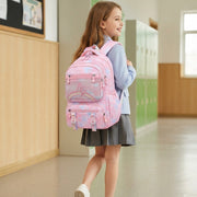 Cute kids Oxford school bag available in pink and purple for carrying books, stationery, and school essentials.