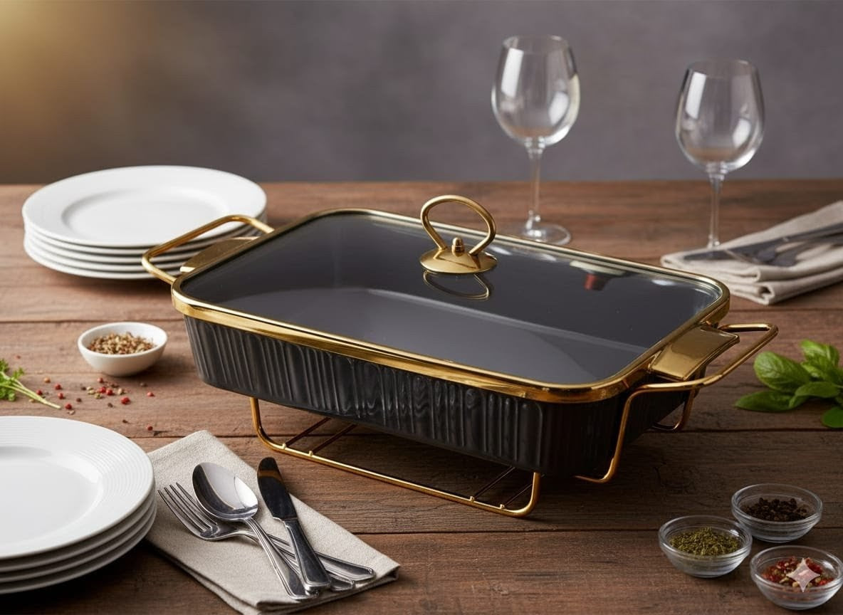 Ceramic Chafing Dish Black With Gold Ring