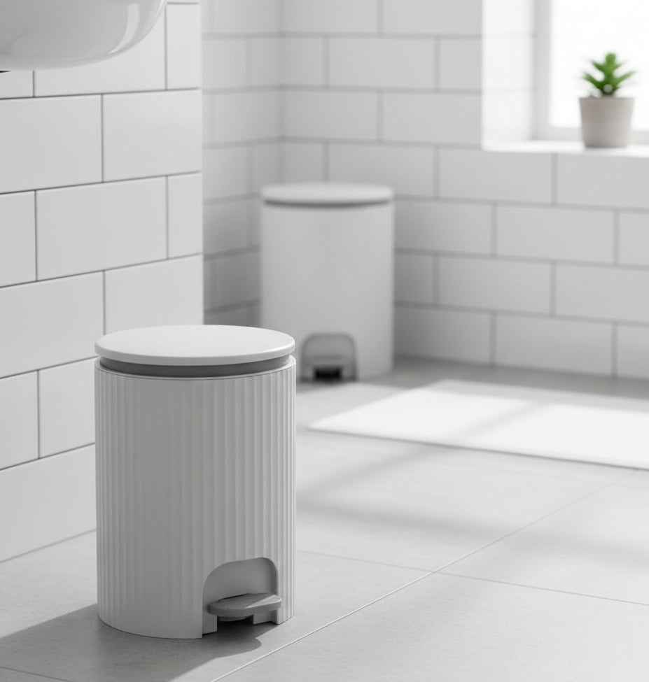 Foot pedal push trash bin in grey and beige, 35.5×25.5 cm, hard plastic.