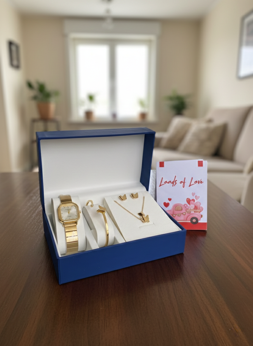 Ladies 4 in 1 Valentines gift set with watch, stainless bracelet, ring, necklace, gift bag and card.