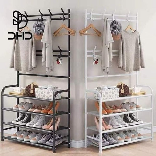 Black and white shoe rack with integrated coat hanger for home organization.
