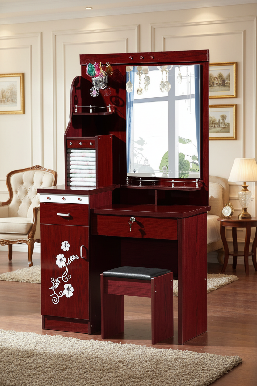 Mahogany Red Vanity Dressing Table With Floral Cabinet
