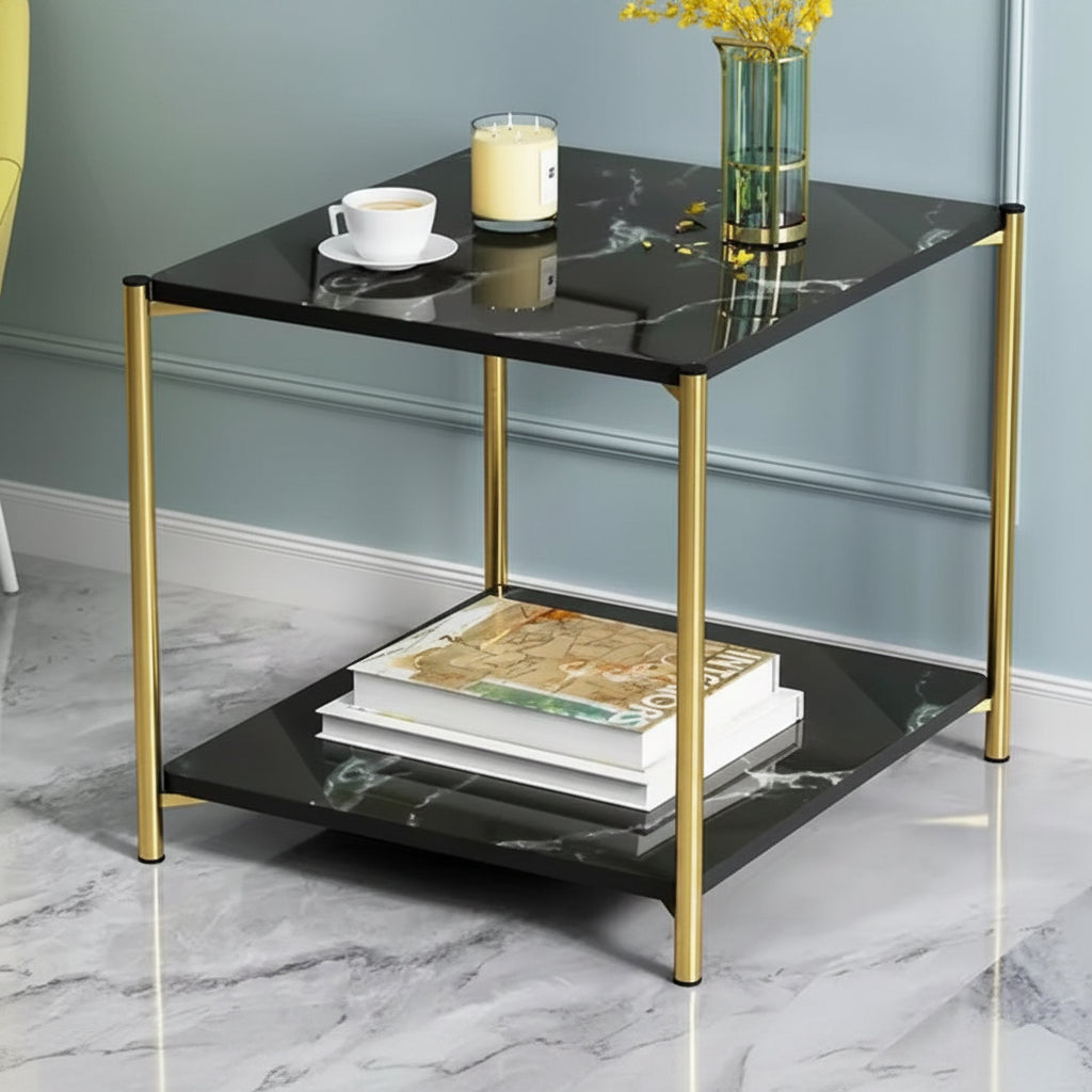 2-tier side table in white and black measuring 40 × 40 × 43 cm for bedside and living room storage use