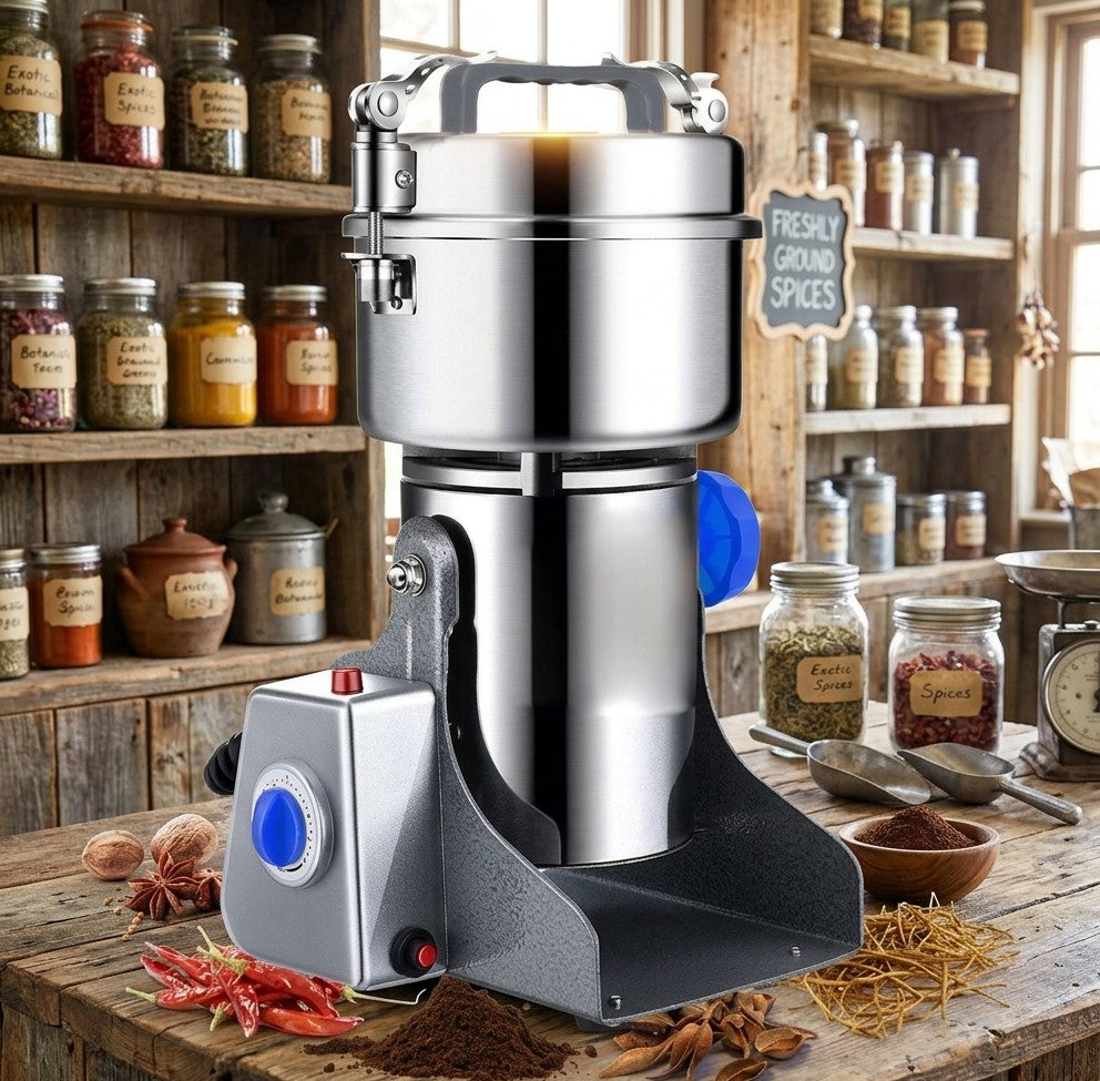 Electric grain grinder mill with 800g capacity made of stainless steel for grinding spices, coffee, herbs, and nuts