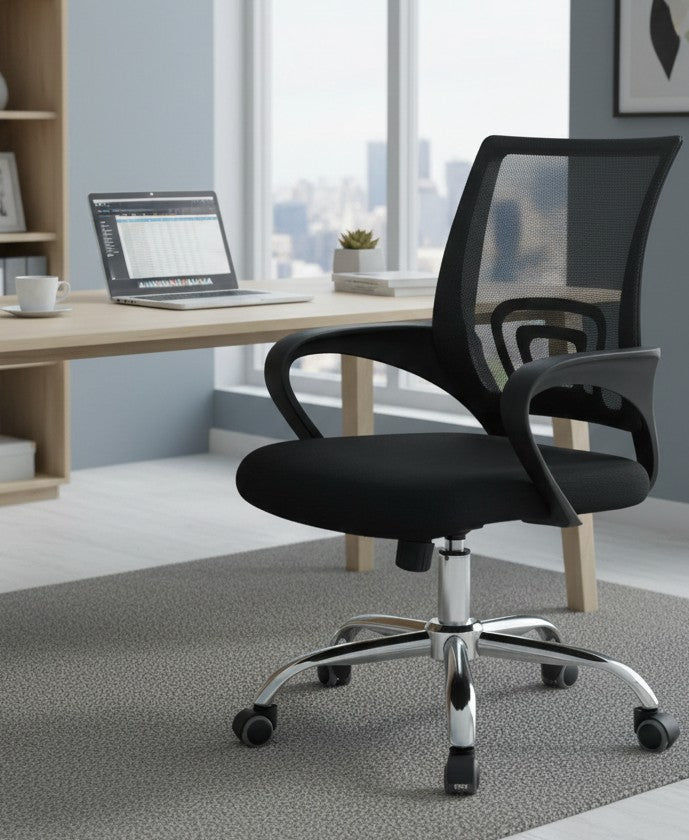 Mesh secretarial office chair with ergonomic support and breathable back.