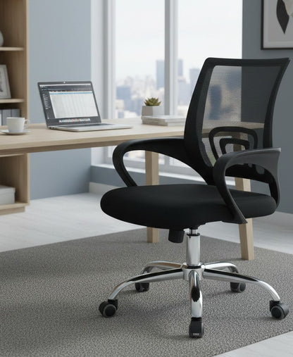 Mesh secretarial office chair with ergonomic support and breathable back.