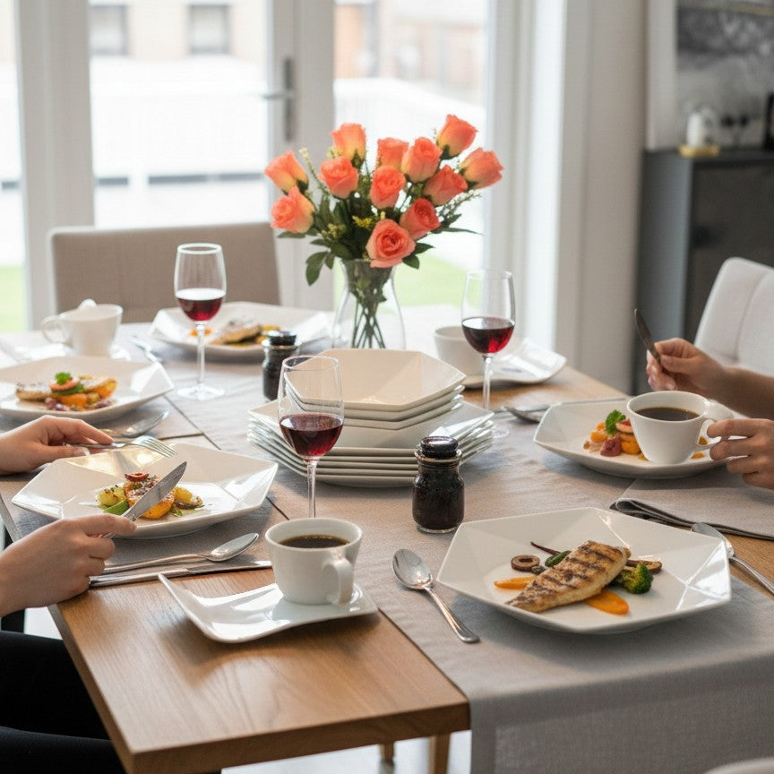 30-piece hexagonal dinner set with cups, saucers, bowls, side plates, and dinner plates.