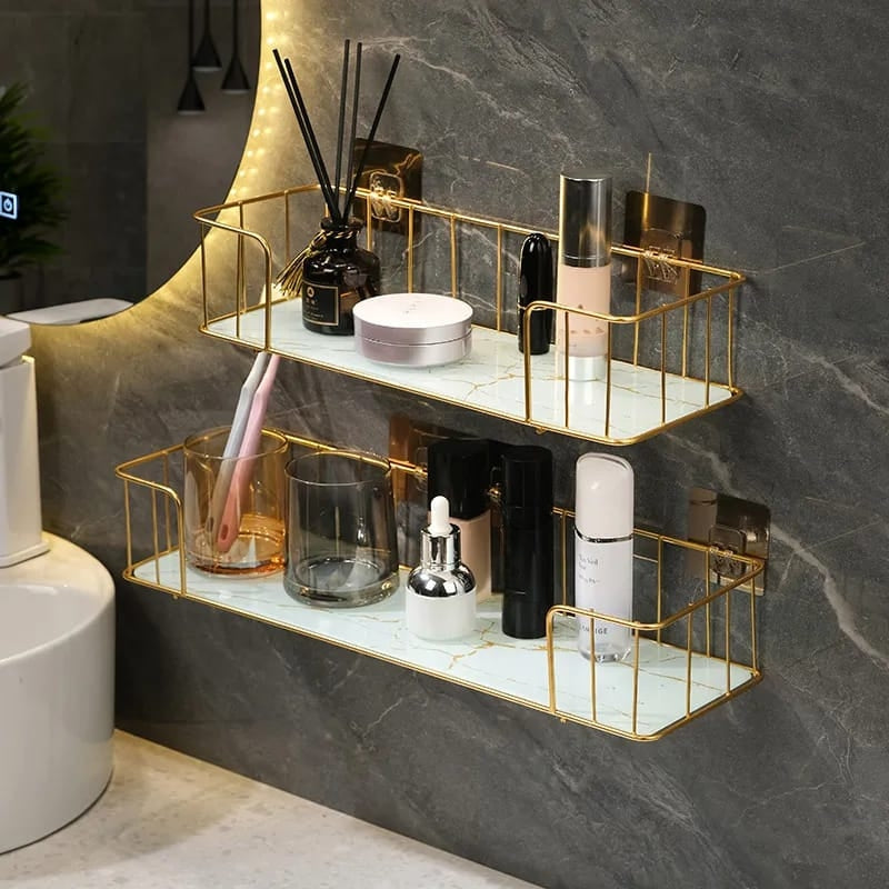 White marble glass bathroom shelf with iron frame for modern bathroom décor, size 44.5137.5 cm