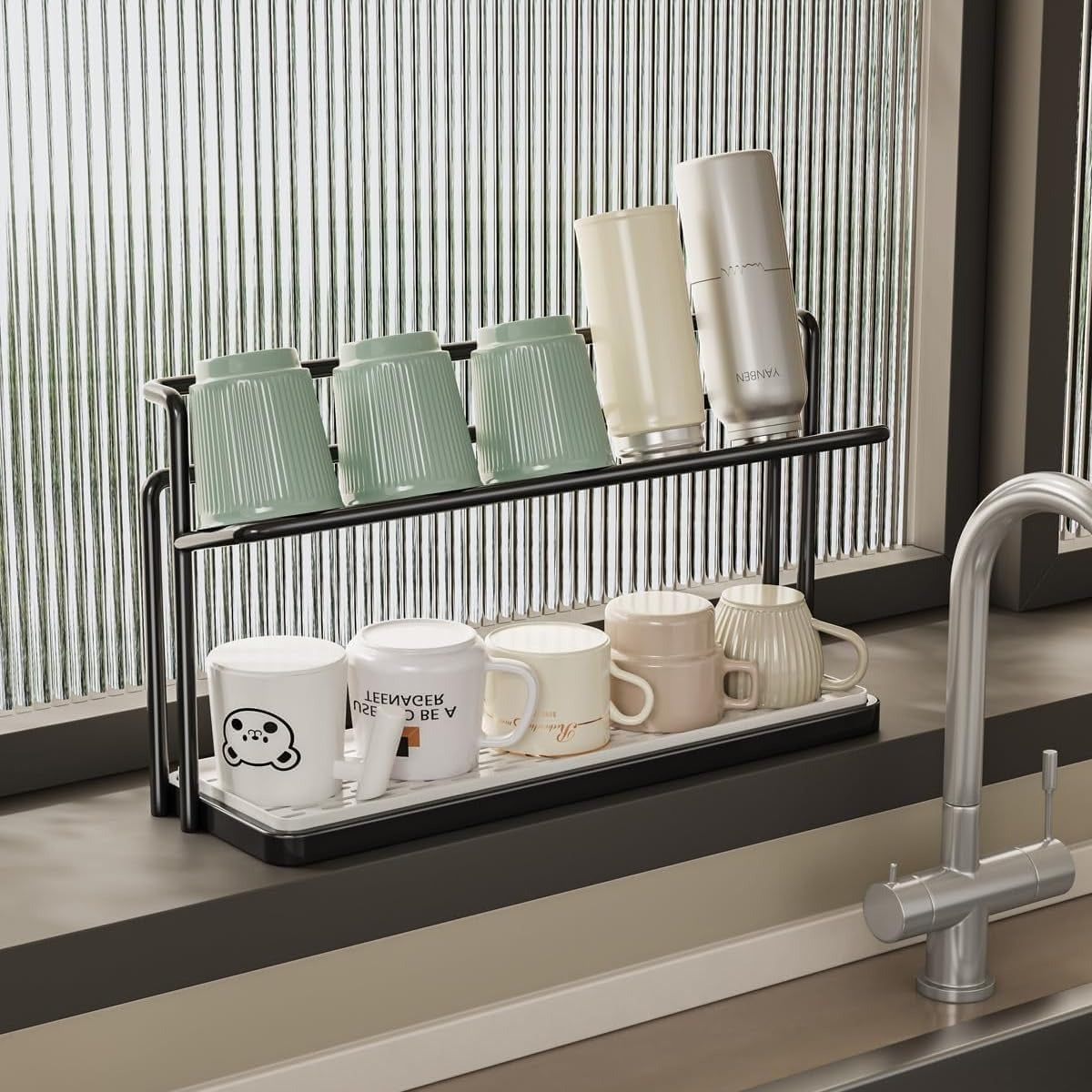 Double layer kitchen storage rack with cup holder for organized countertop space saving