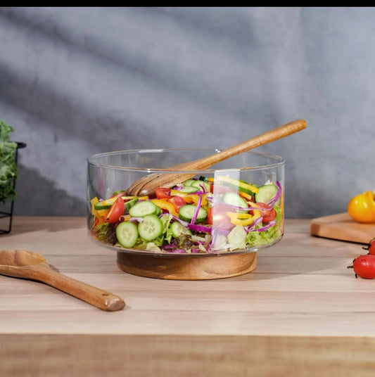 Large serving bowl with Acacia wood base