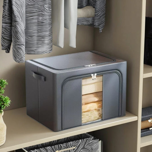 Large and XL metallic frame storage boxes for organizing closets, clothes, linens, and household items.