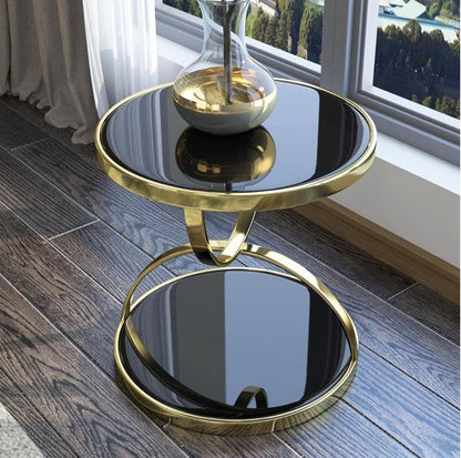 Black hourglass-shaped tempered glass side table, 45×50 cm, luxury postmodern design for living room, sofa side, or balcony use. 🖤🪞