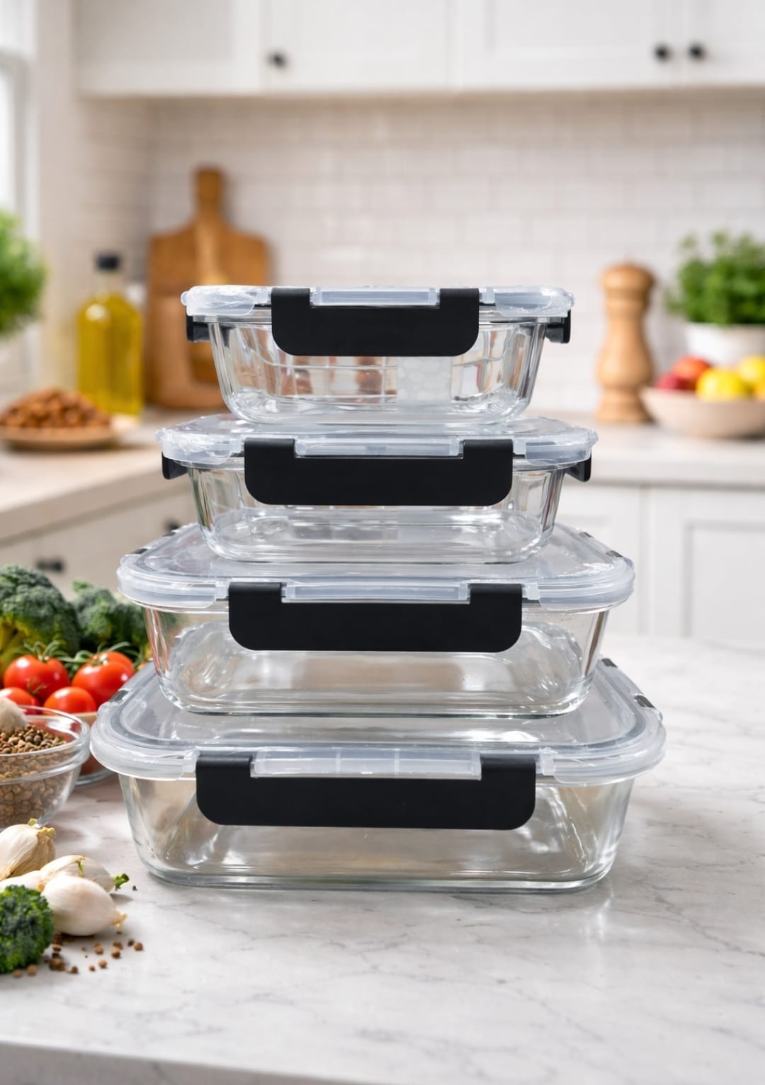 4-piece Glass food container set, microwave, freezer, oven, and dishwasher safe.