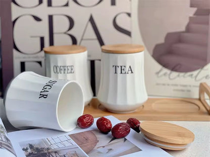 Ceramic Canister Set With Bamboo Lids And Stand