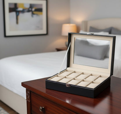 Ten-slot watch organizer box with cushioned compartments for storage.