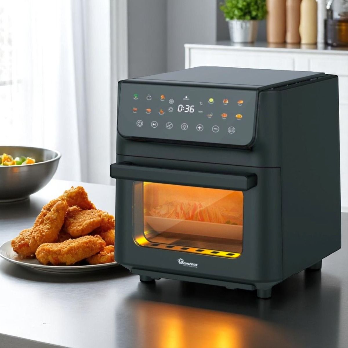 12L digital air fryer oven with touch screen display and included accessories (rack, tray, and pizza pan)