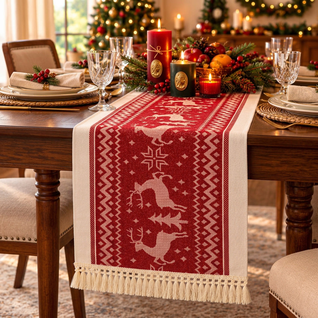 240cm Red and Cream Christmas Table Runner with Tassel Fringes