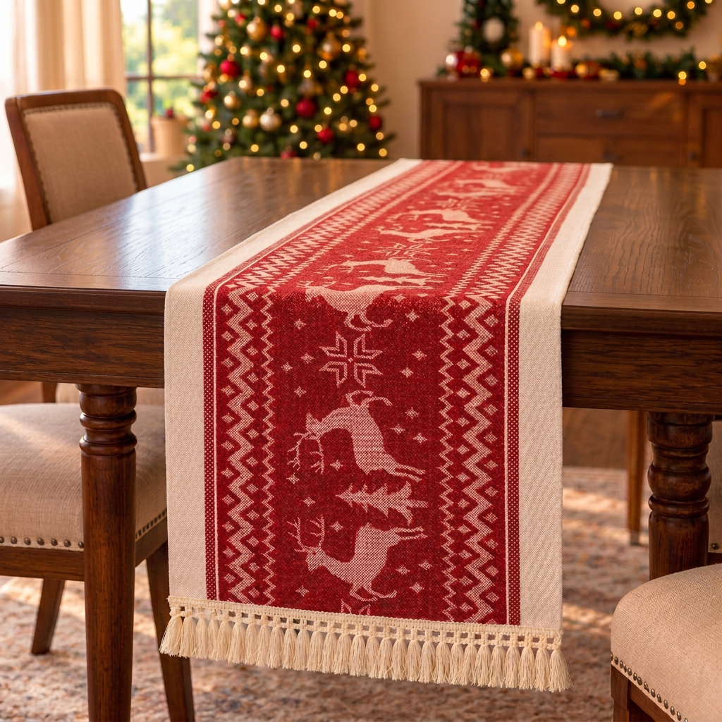 240cm Red and Cream Christmas Table Runner with Tassel Fringes