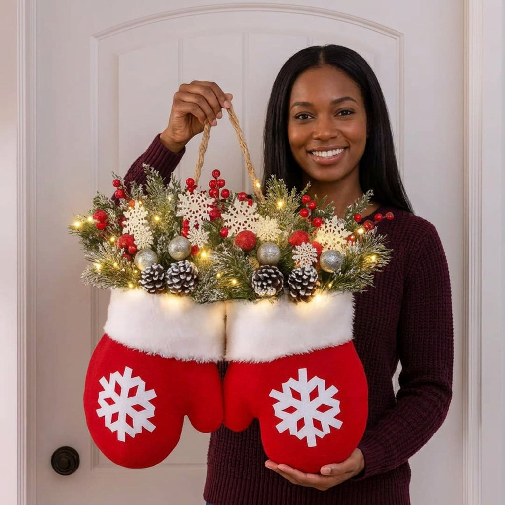 2 in 1 Christmas Garland Glove Shaped Flower Wreath with Light