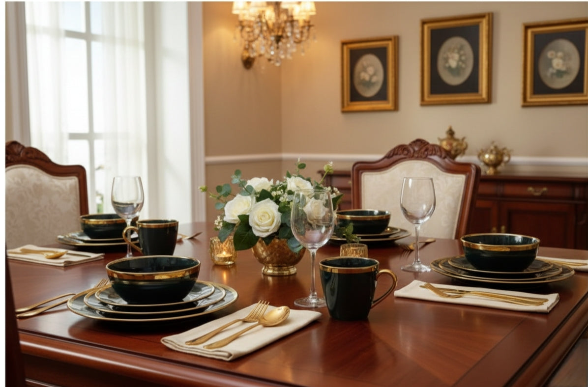 Ceramic 24-piece dinner set with plates, cups, and bowls