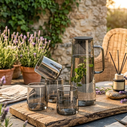 Transparent borosilicate glass jug set with 1.8L pitcher and four 280ml drinking glasses. 🥛