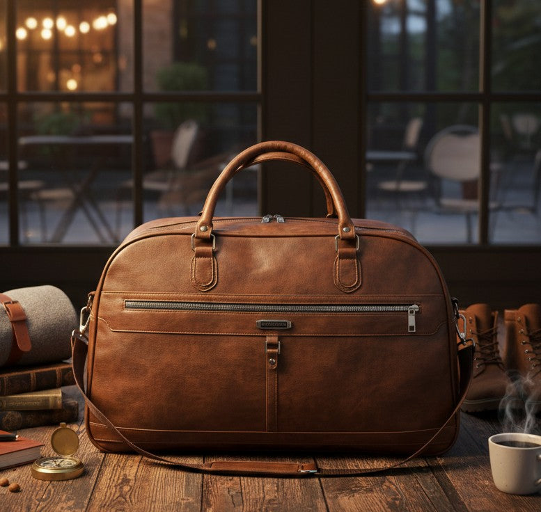 PU leather travel bag in brown, black, and maroon colors with large capacity
