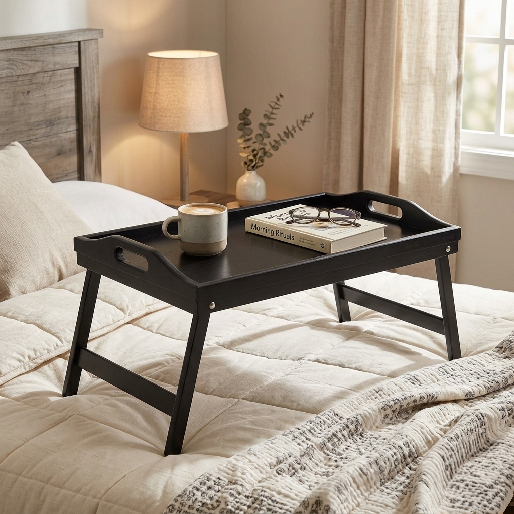 Foldable bamboo bed tray for breakfast, laptop use, and multipurpose home convenience