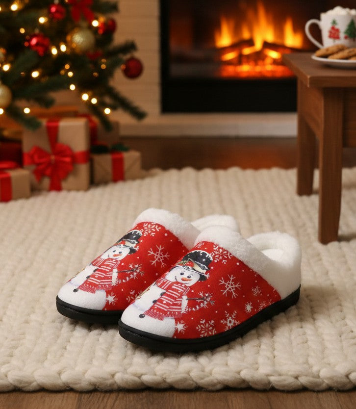 Christmas indoor plush shoes with snowflake design, available in purple, black, and red, sizes 36–45

