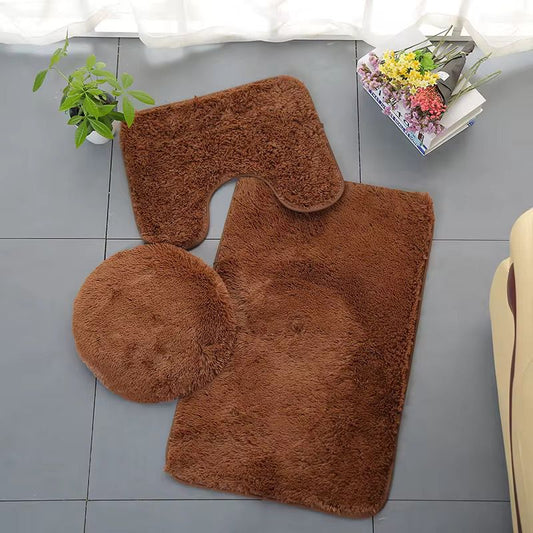 Three piece fluffy bathroom toilet mat set with non slip backing and colorful design