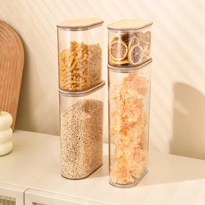 4pcs acrylic storage containers with bamboo lids, airtight kitchen jars in multiple sizes for pantry organization.