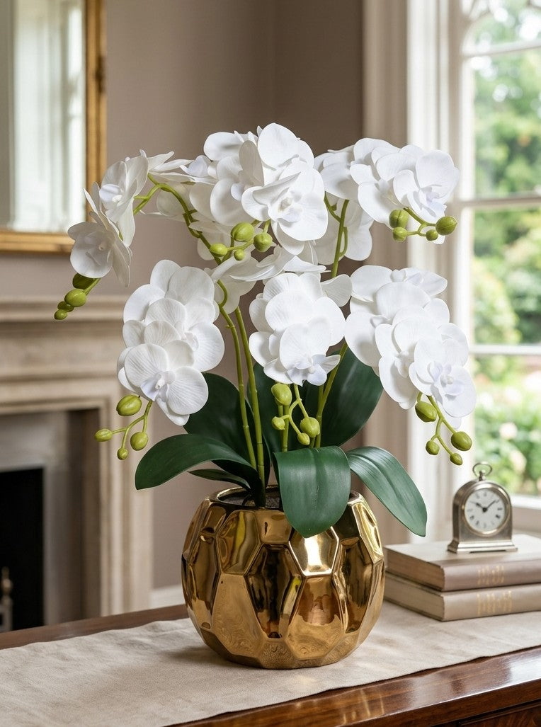 Artificial orchid flowers in a ceramic vase measuring 50 cm tall, elegant decorative arrangement for home or office décor. 🌸✨