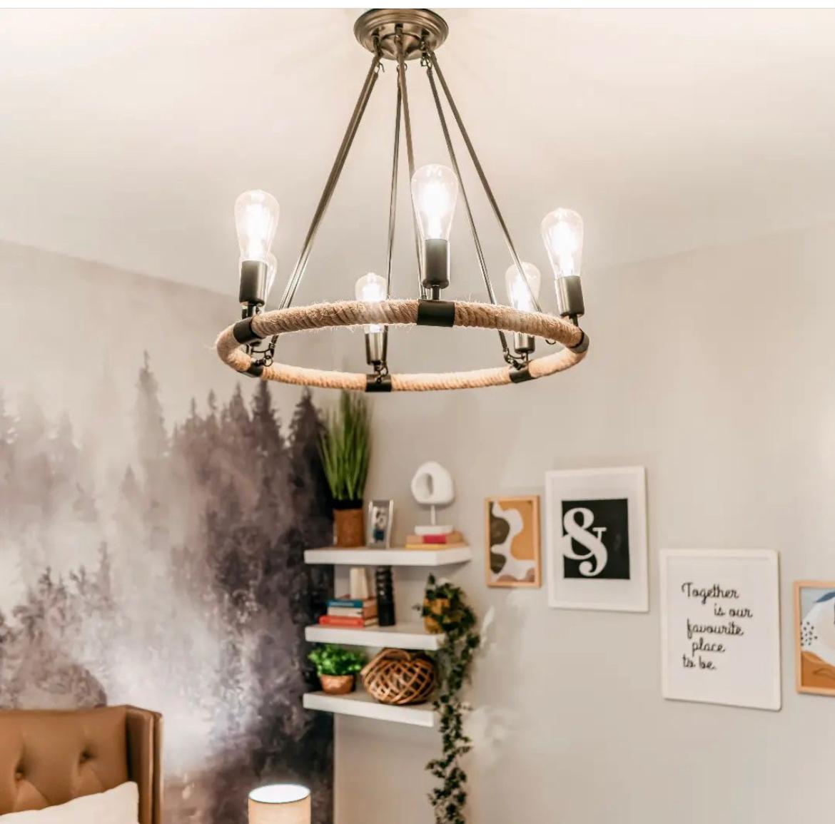 Hemp Rope Wheel 6 Bulb Chandelier