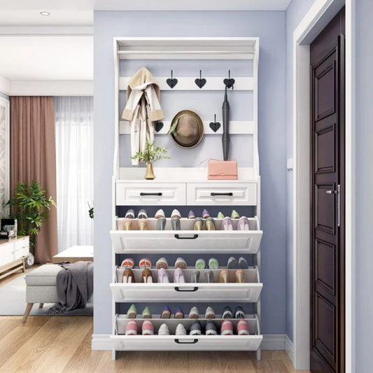 Slim hallway shoe cabinet with coat rack, drawers, and flip-down shoe storage.