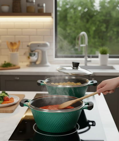 10-Pieces green granite cookware set with black handles.
