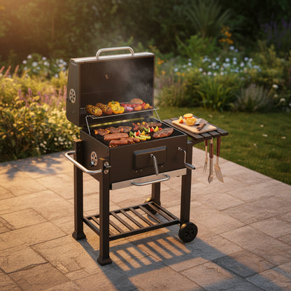 Heavy-duty charcoal BBQ grill with side table, dual thermometers, trolley wheels, and removable ash pan for outdoor cooking.