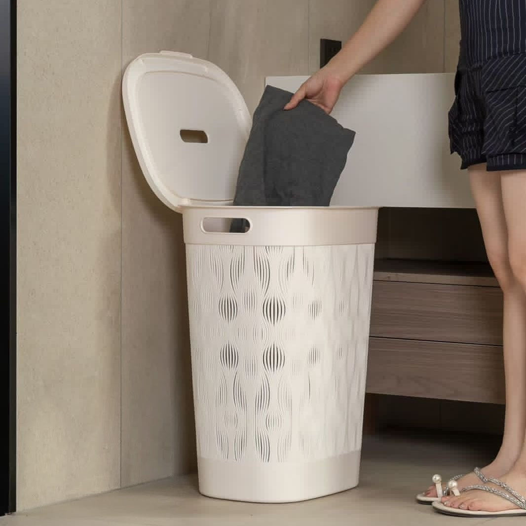 Premium laundry hamper with lid, modern breathable clothes storage basket for home use