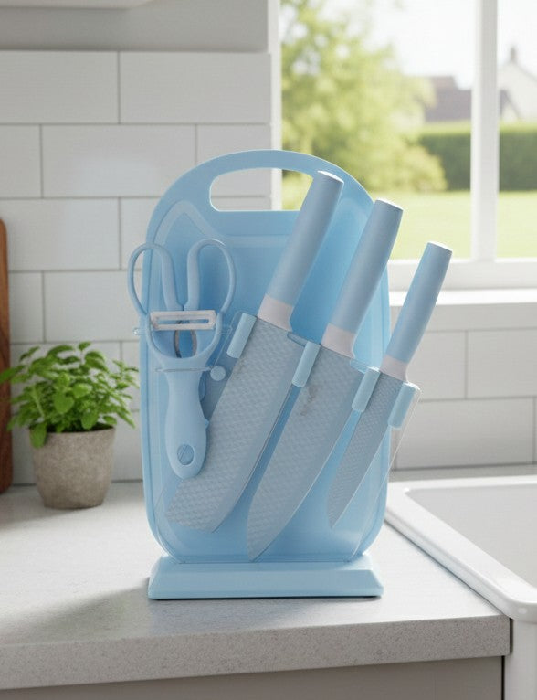7-piece stainless steel kitchen knife set with ergonomic handles and blade guards