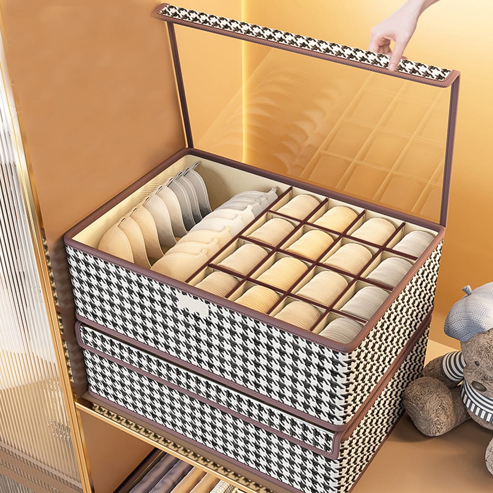 Foldable 17-grid undergarment organizer made from non-woven fabric for storing bras, socks, and underwear neatly in drawers. 🧺