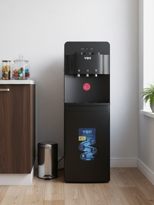 Black Von 3-tap water dispenser with hot, normal, and cold water options