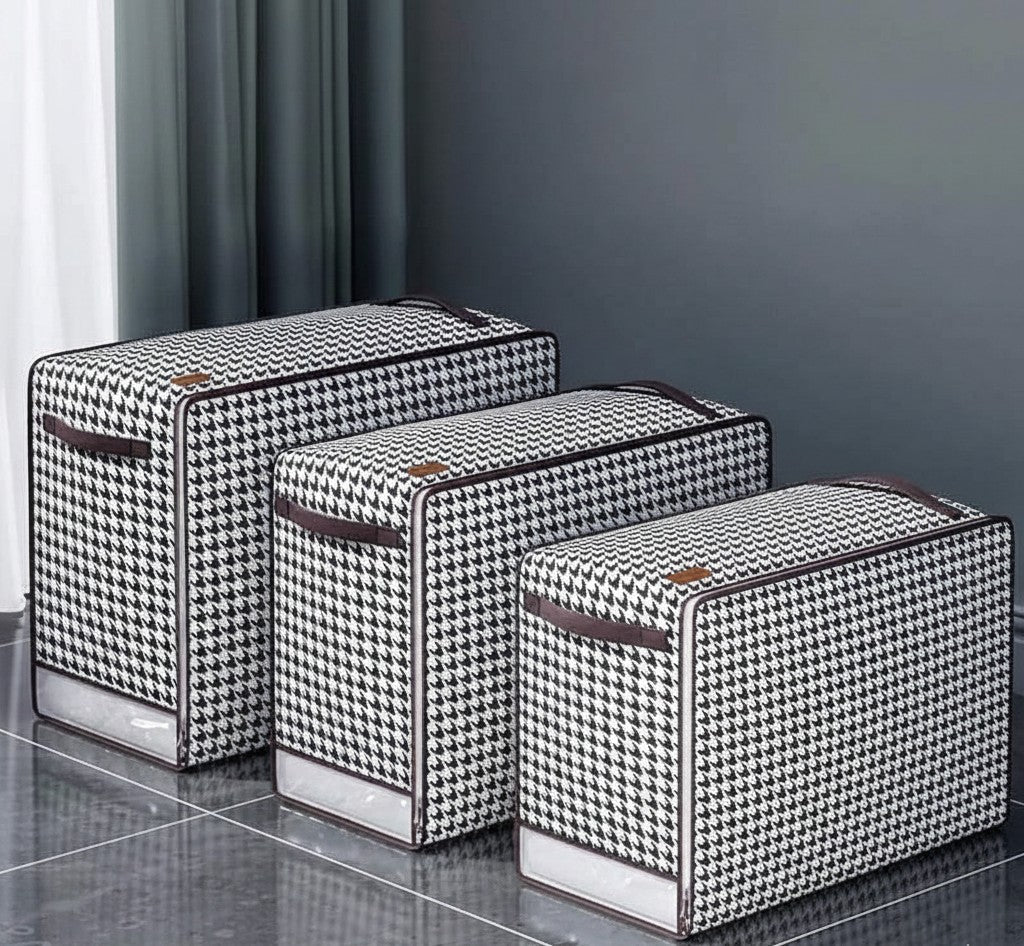 3-piece checked quilt and closet organizer set, non-woven fabric storage bags in 3 sizes for clothes and bedding