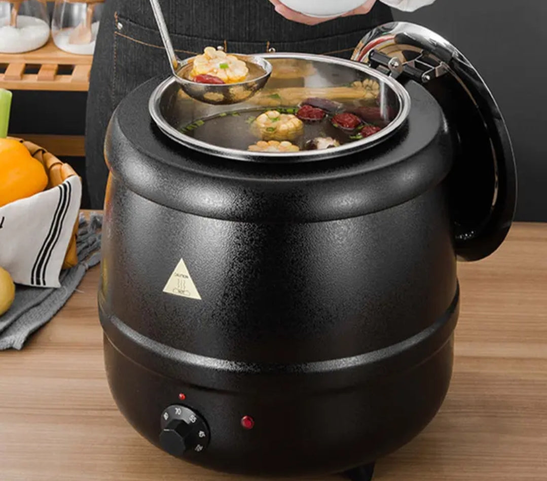 Electric Soup Warmer 10L black stainless steel pot with adjustable temperature knob
